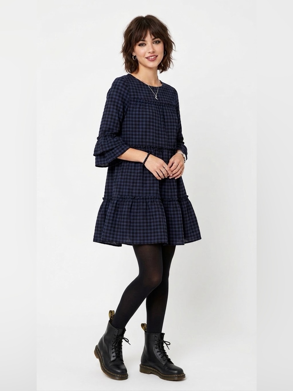 Navy Blue & Black Plaid Tiered Babydoll Dress - Size Medium